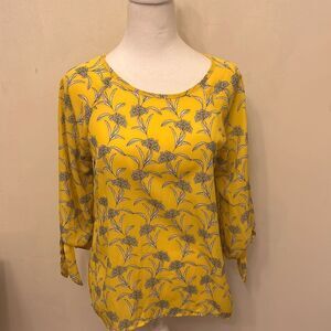 Papermoon yellow white black floral long tie sleeve blouse Size S EUC